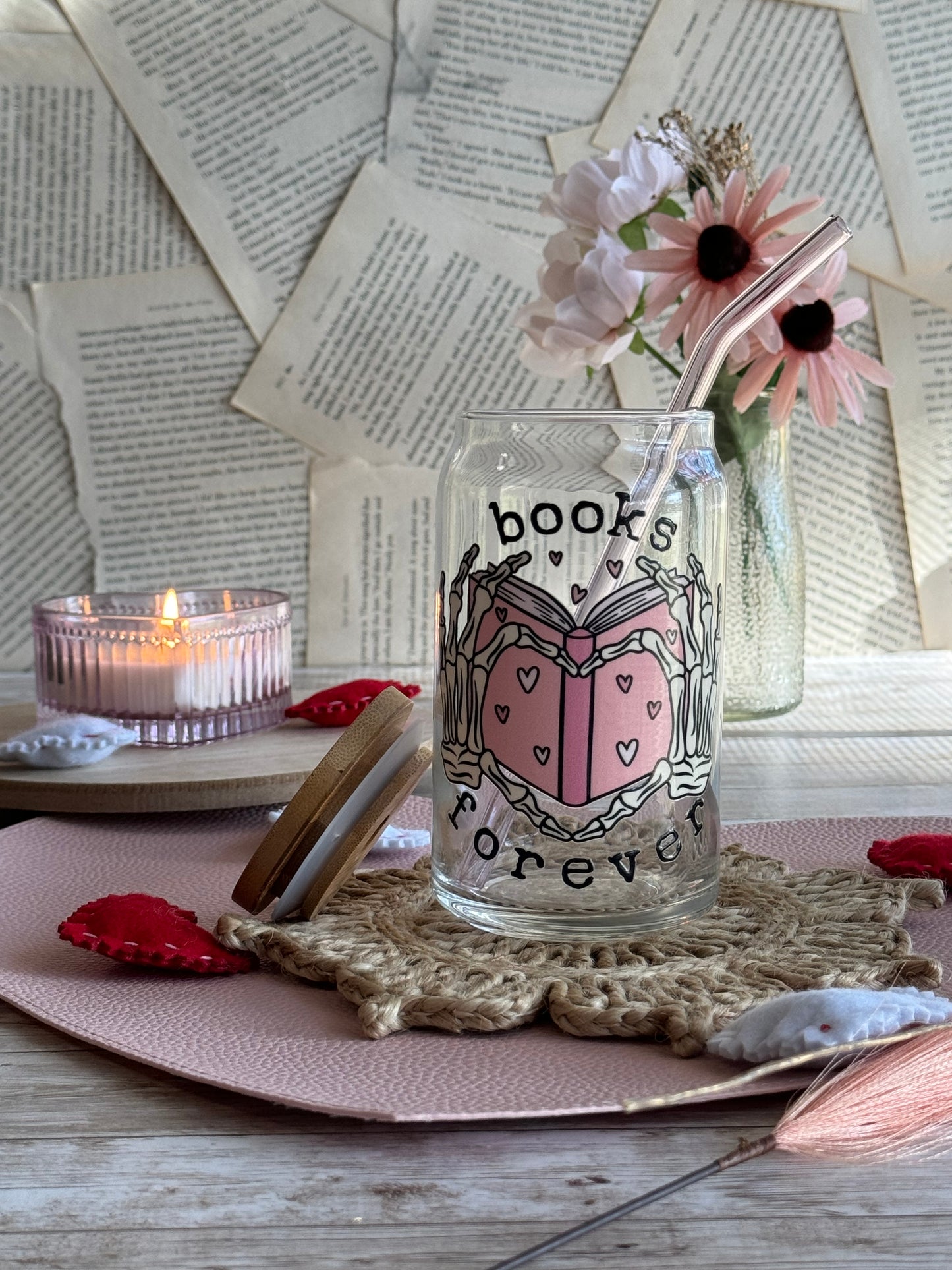 Skelton Hands Heart Books Forever Glass Tumbler