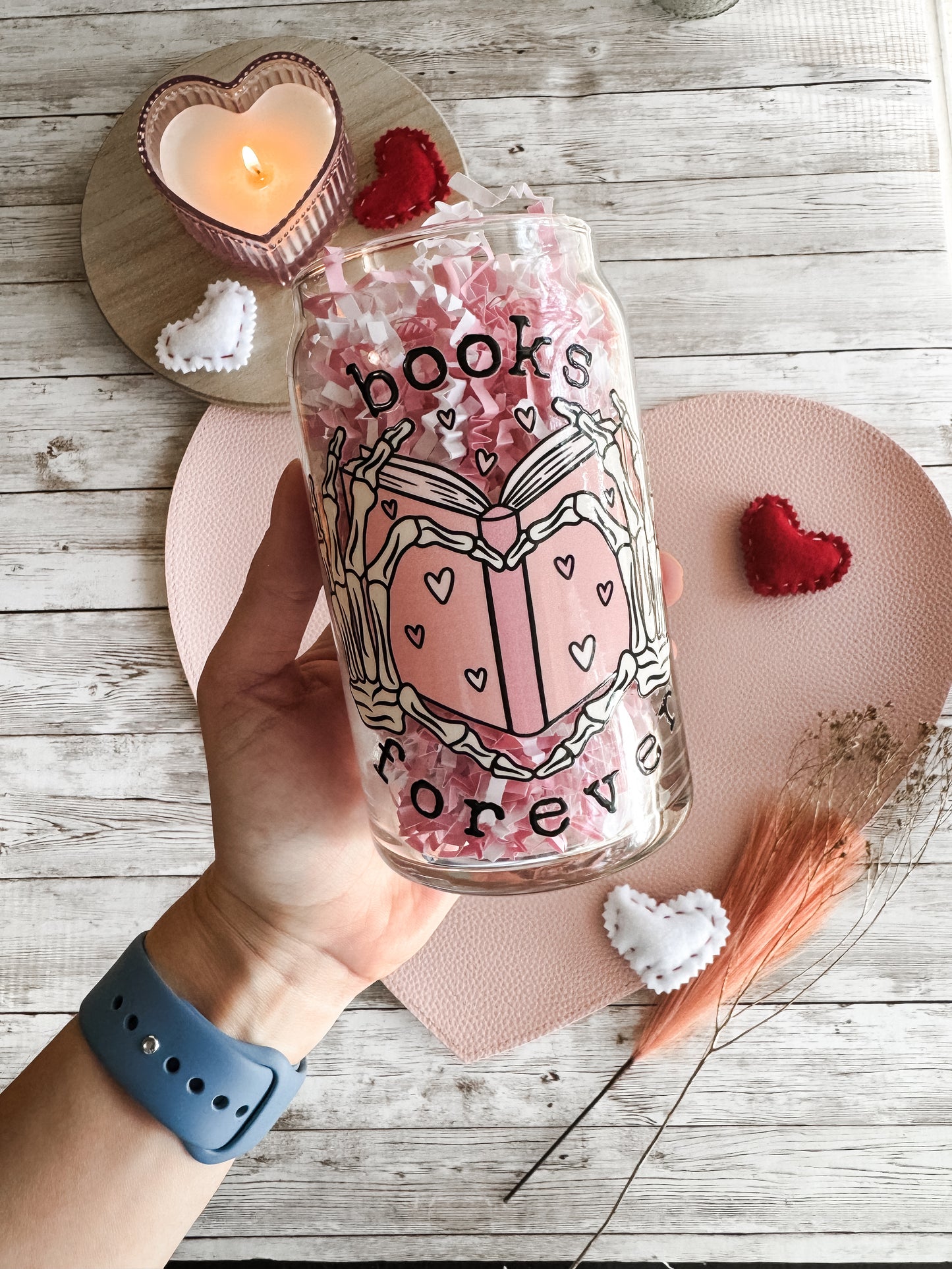 Skelton Hands Heart Books Forever Glass Tumbler