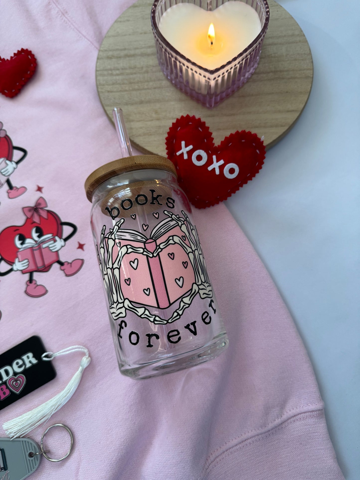 Skelton Hands Heart Books Forever Glass Tumbler