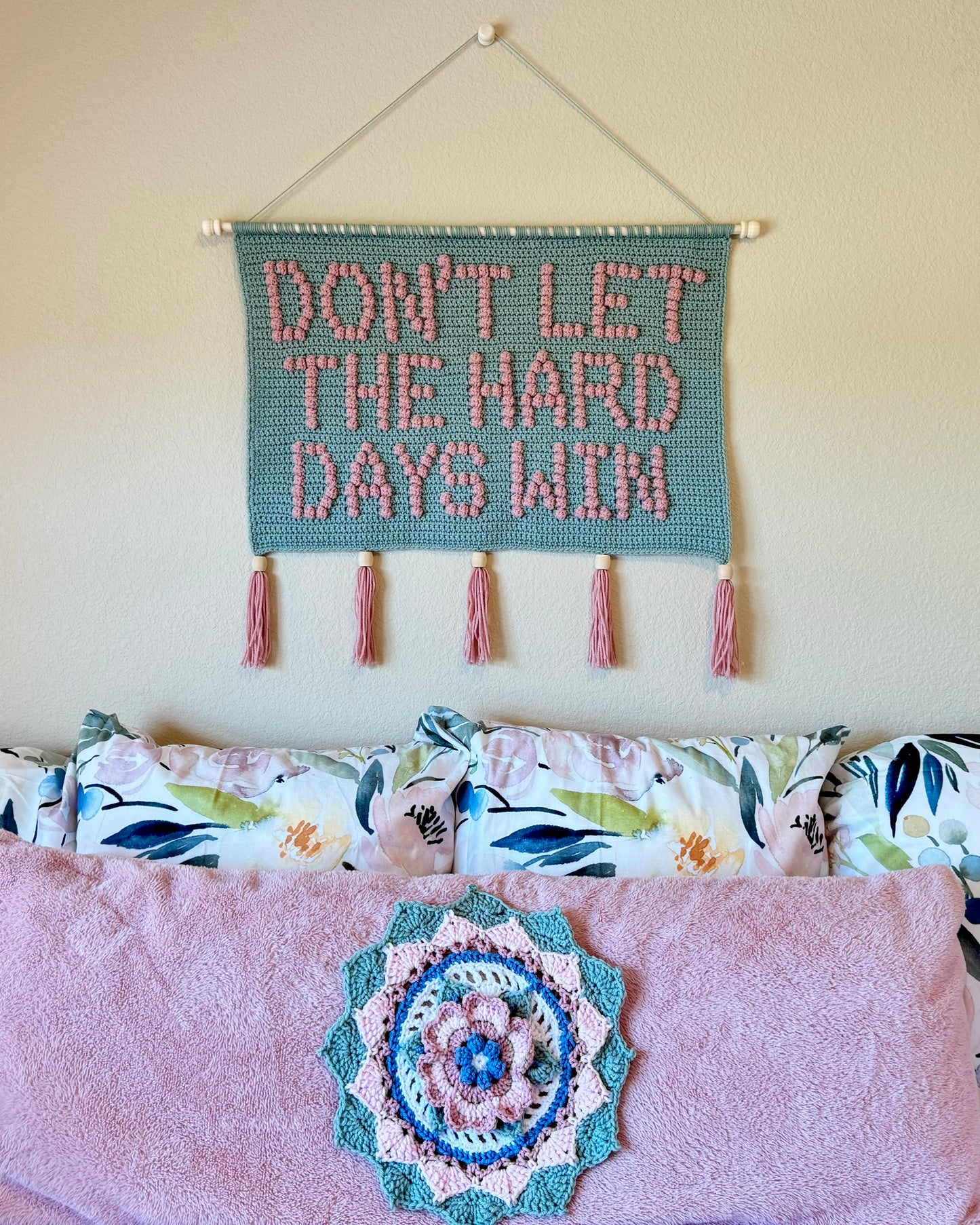 Don't Let The Hard Days Win Bobble Crochet Pillow Pattern