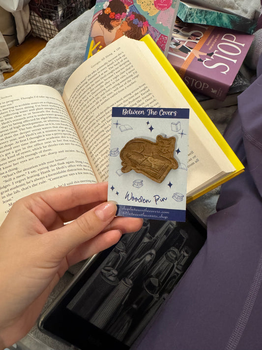 Cat Book Wooden Pin