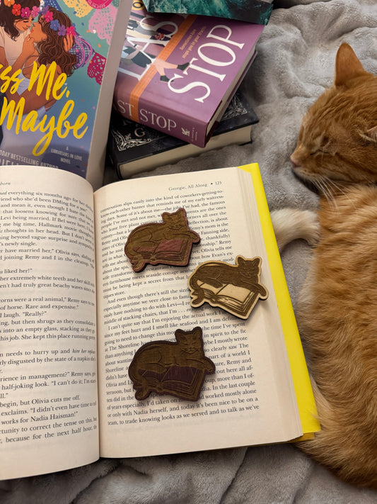 Cat Book Wooden Magnet