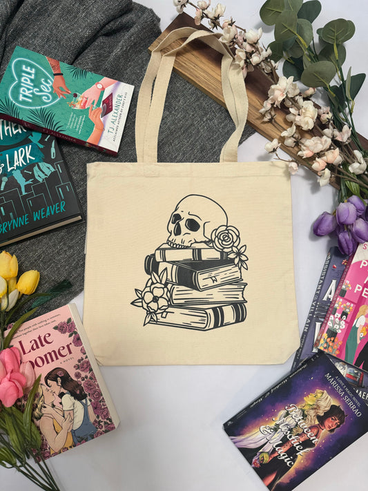 Skull Book Stack Tote Bag